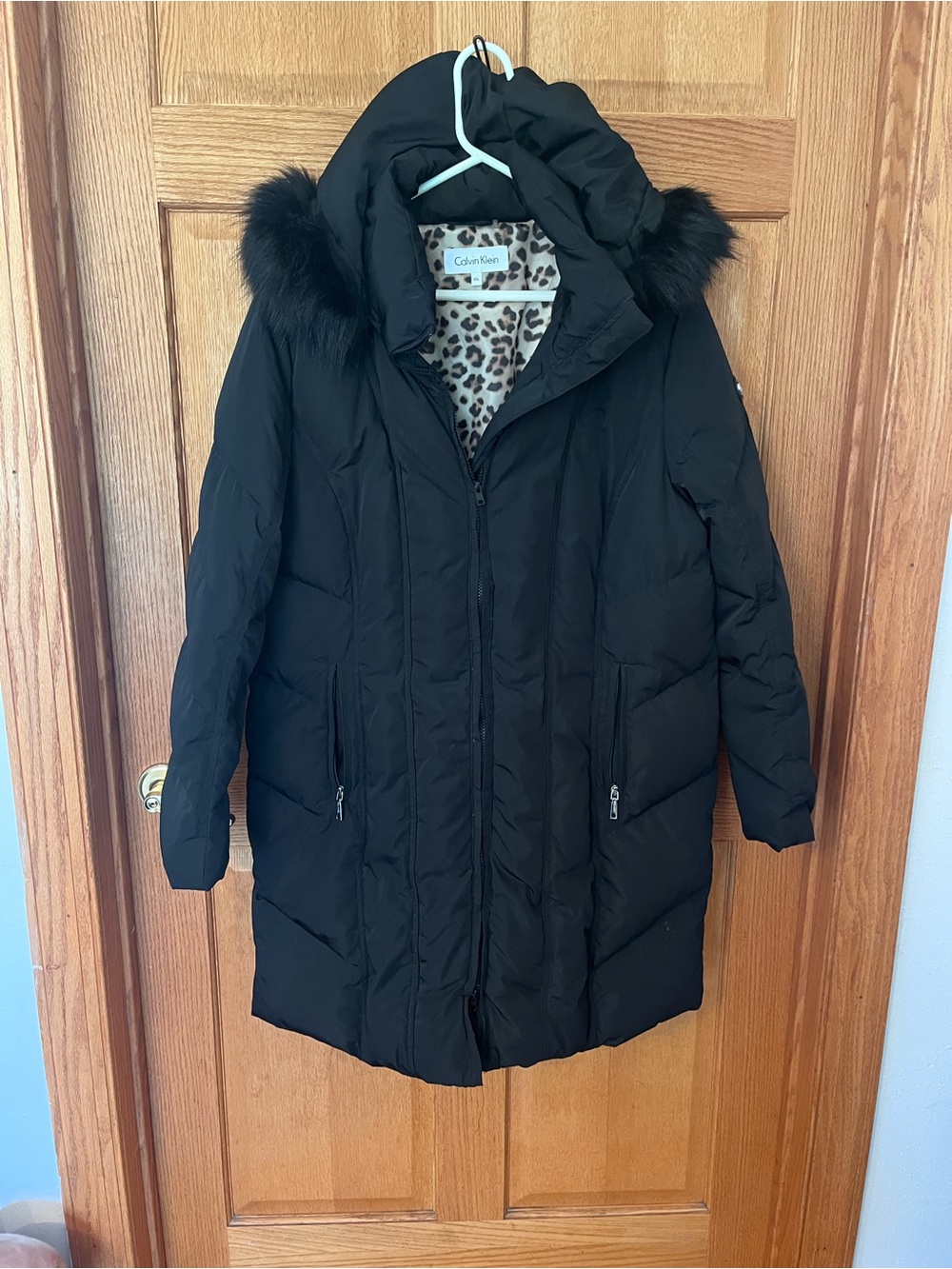 Calvin Klein Black Long Down Puffer Coat with Faux Fur Hood and Leopard Lining